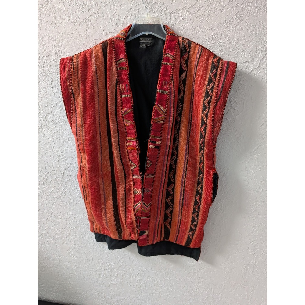 J Peterman Wool Vest L Hand Woven Morocco Red Orange Striped Boho